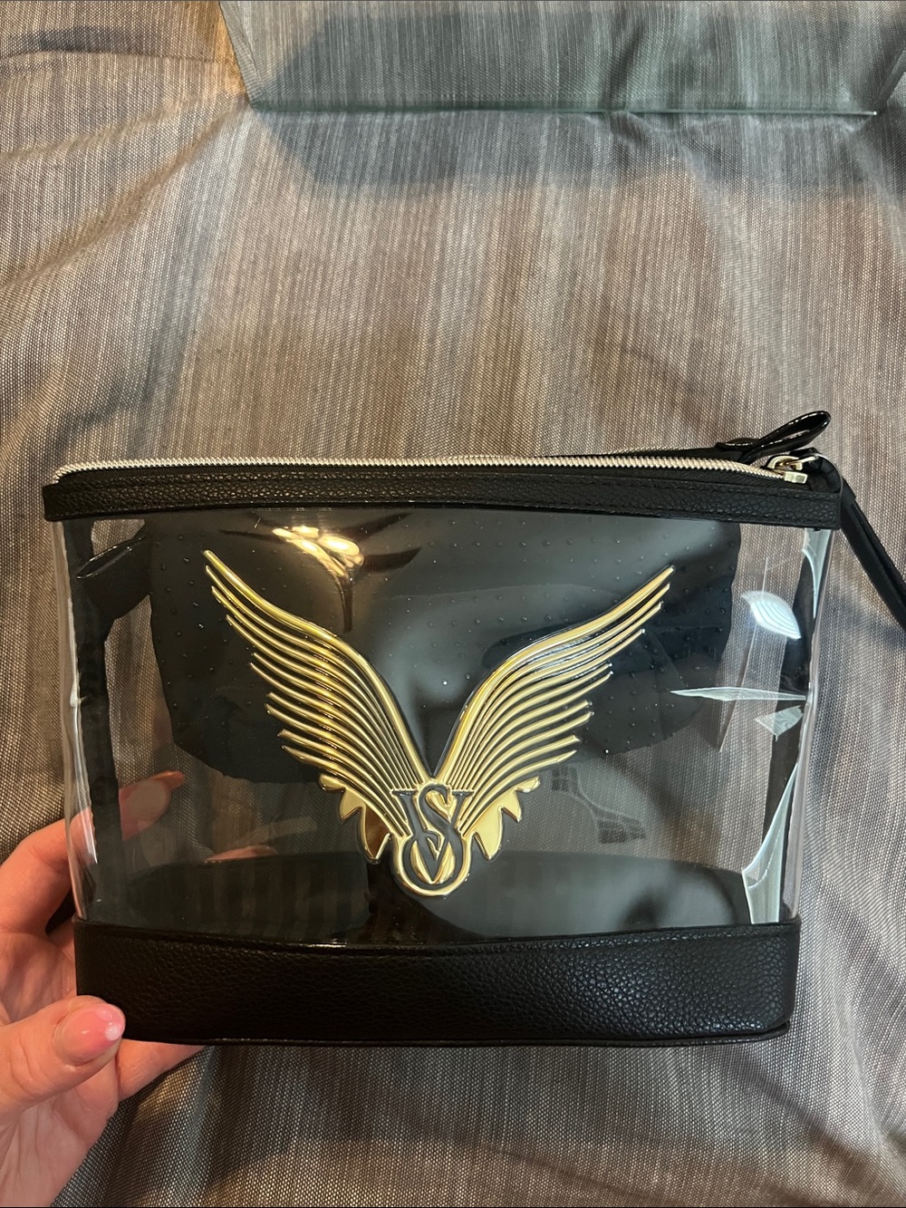 Victoria Secret Clear Black Travel Pouch with Gold Wing Emblem